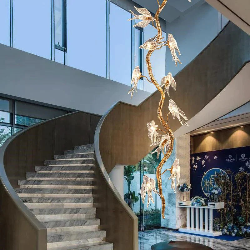 Modern Bird Glass Tree Branch Long Staircase Chandelier – Lumifys