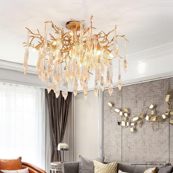 Iris Raindrop Brass Branch Crystal Ceiling Light Flushmount