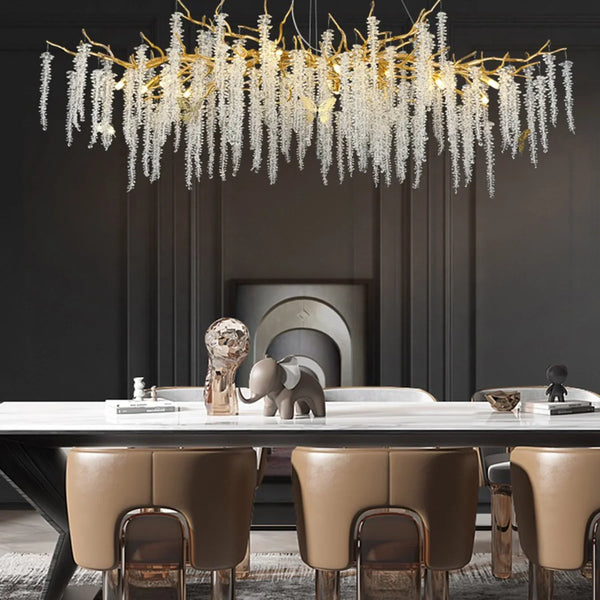 Modern Gold Coin Crystal Linear Branch Chandelier