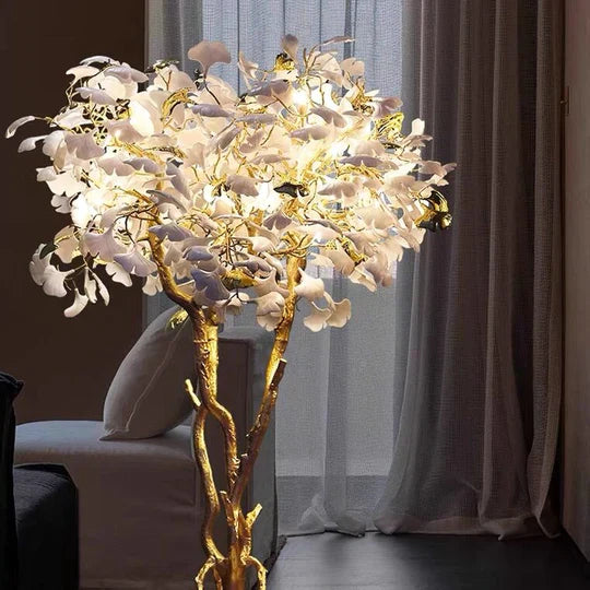 Luxury Creative White Ceramic Ginkgo Biloba Copper Branch Tree Floor Lamp for Living Room and Bedroom