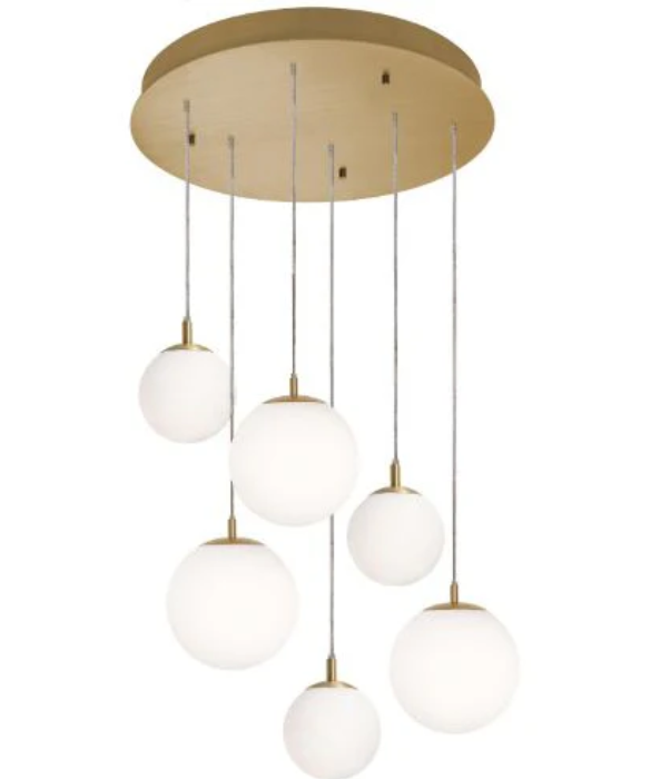 Loretto 6 Light 27 Inch Multi-Port Round Pendant In Satin Brass With White Glass Diffuser