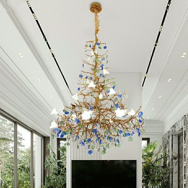 Stylish Colored Glaze Flower Crystal Chandelier Brass Tree Branch Ceiling Light For Living Room Hotel Hall